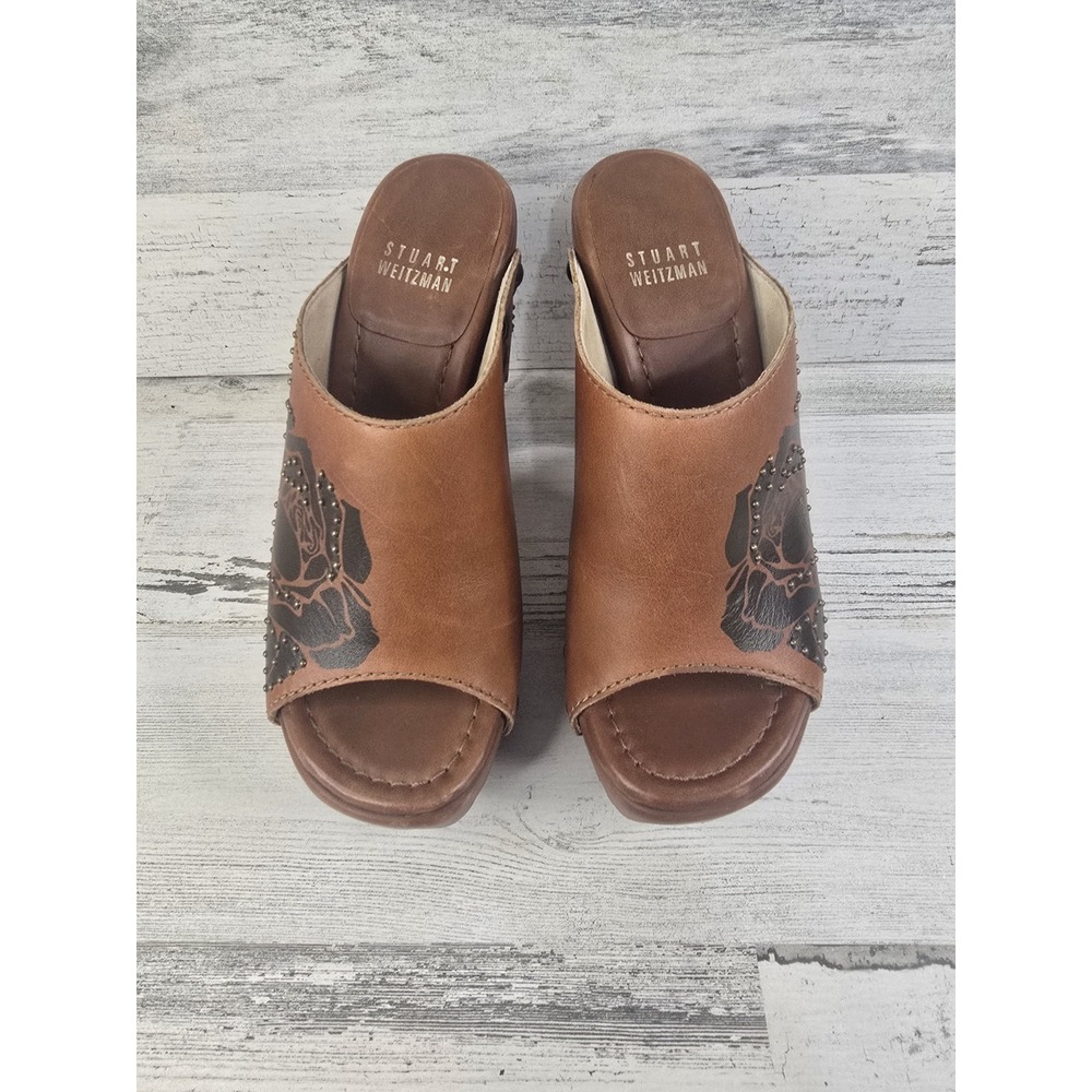 Stuart Weitzman Womens Tan Leather Rose Floral Studded Platform Clog Mules Spain - Picture 3 of 13